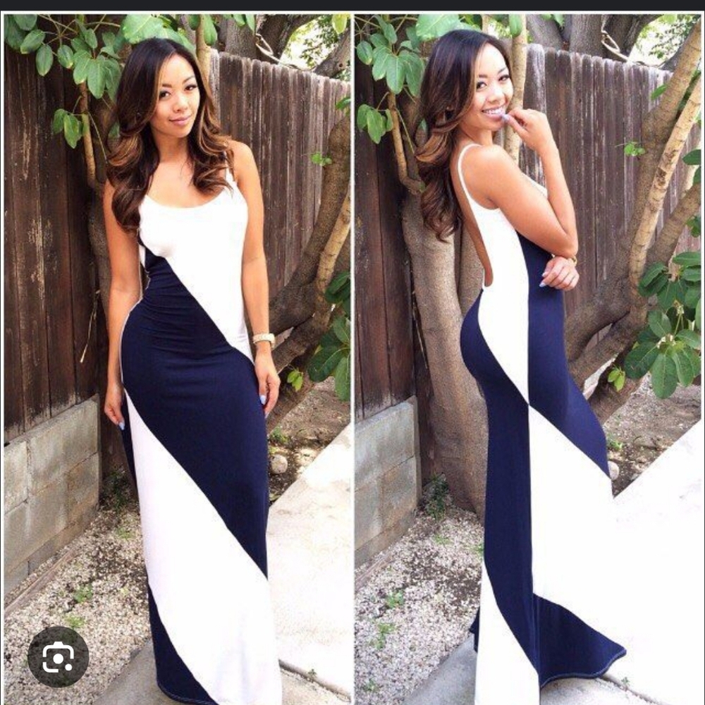 Fashion Nova Blue and White Asymmetrical Trumpet Maxi Dress
